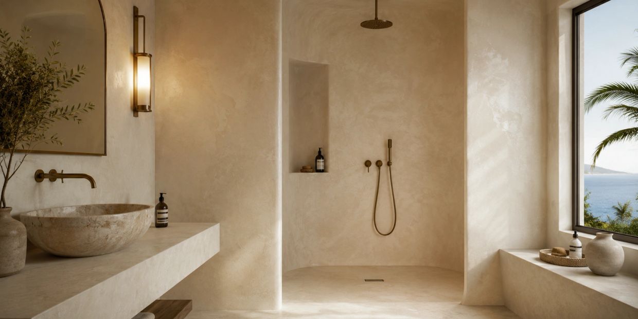 Minimalist beige bathroom with open shower and ocean view window.