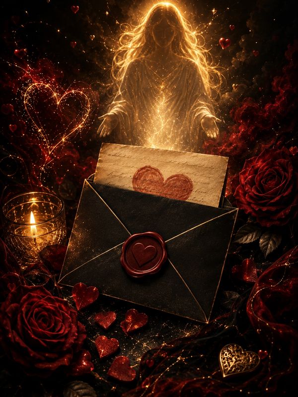 Lettre d'amour magique entourée de roses rouges et lumière dorée.