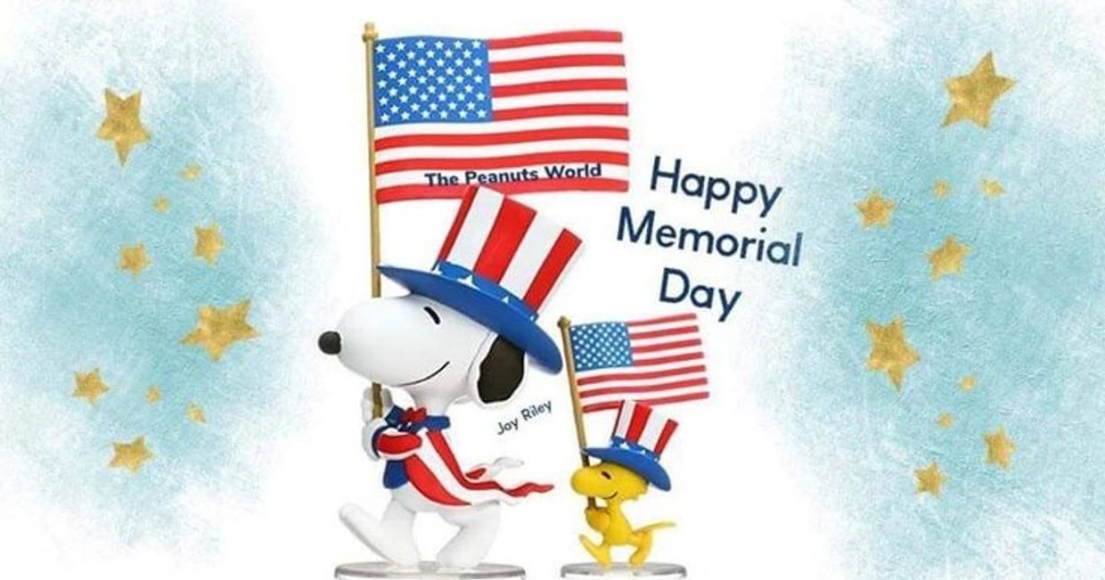 Snoopy and Woodstock celebrate Memorial Day with American flags and patriotic hats.