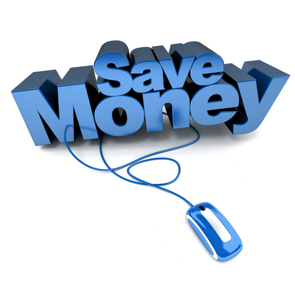 3D text 'Save Money' connected to a blue computer mouse.