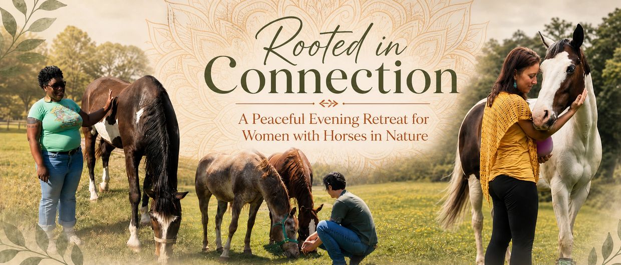Women connecting peacefully with horses in a natural retreat.