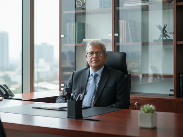 Professional businessman sitting at a desk in an office.