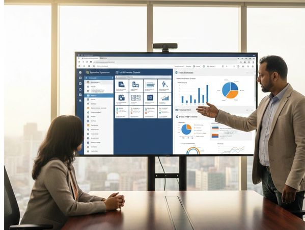 Business presentation with charts on a large screen.