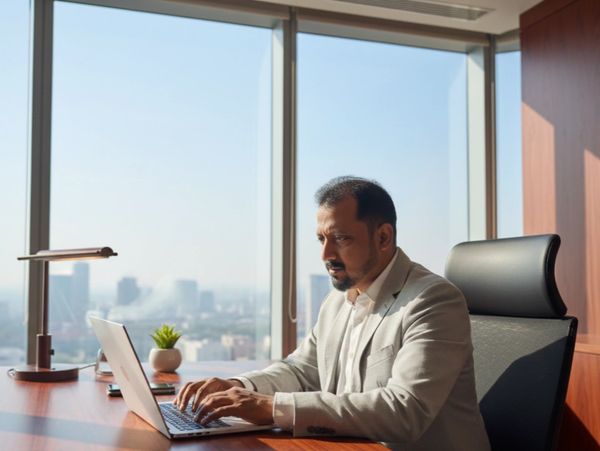 Man in office working on a laptop.