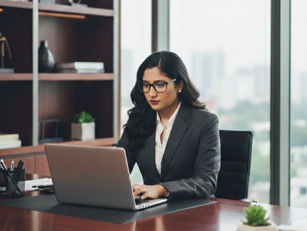 Businesswoman working on laptop in office.