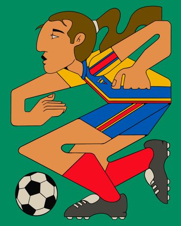 Abstract illustration of a soccer player in motion with a ball.