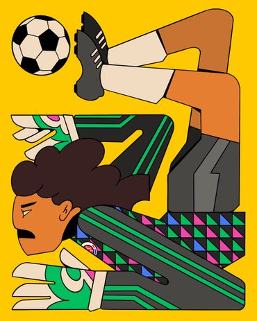 Illustration of a soccer goalie diving to save a ball.
