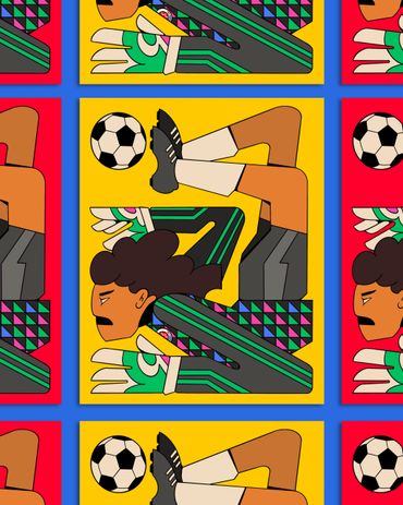 Stylized illustration of a soccer player kicking a ball, repeated in a colorful pattern.