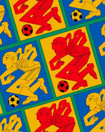 Colorful abstract soccer players in dynamic poses with balls.