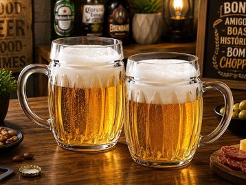 Duas canecas de cerveja sobre uma mesa de madeira.