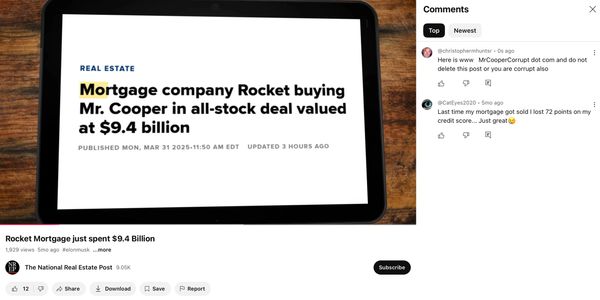 Headline on tablet about Rocket buying Mr. Cooper for $9.4 billion with comments.