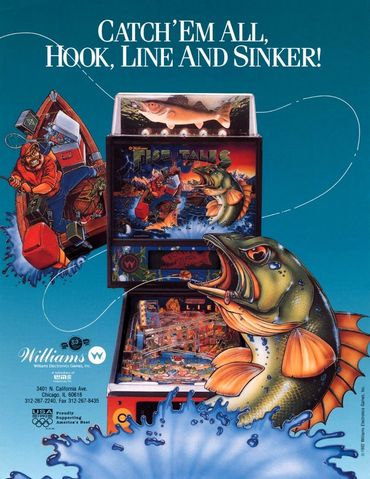 Vintage fishing-themed pinball machine advertisement with a big fish and angler.