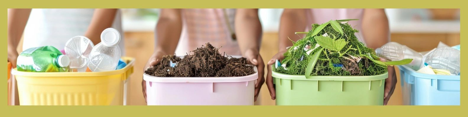 People holding bins with plastic, soil, and green waste for recycling.