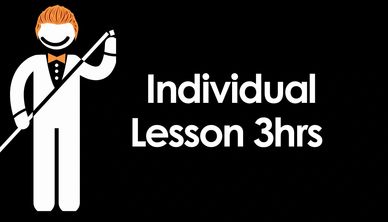Cartoon figure with cue stick advertising a 3-hour individual lesson.