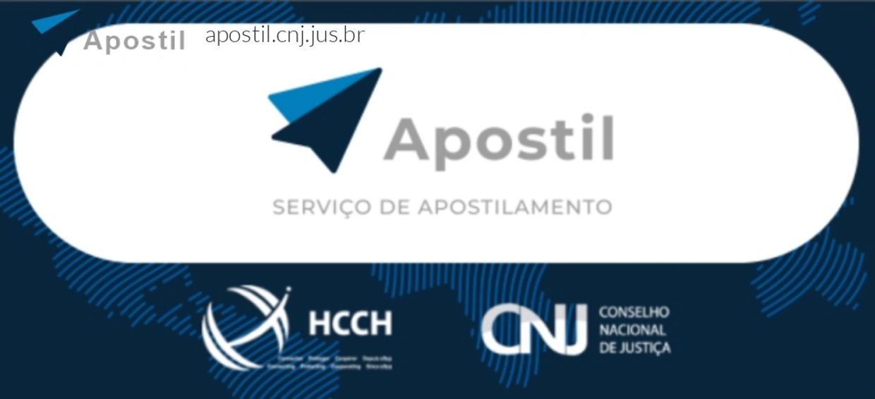 Apostil service logo with HCCH and CNJ Brazilian justice council logos.