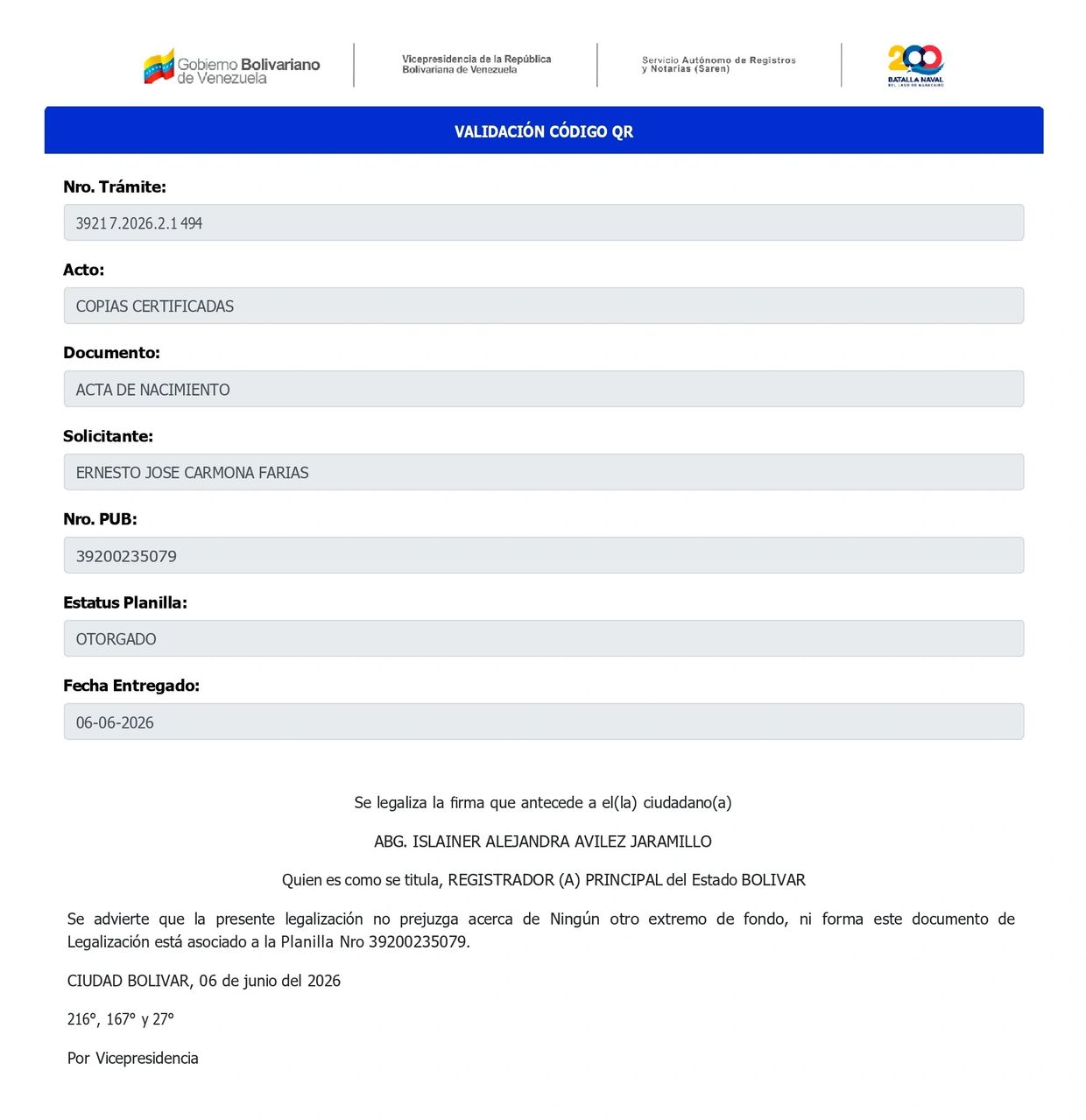 Documento oficial venezolano para la validación de copias certificadas de acta de nacimiento.