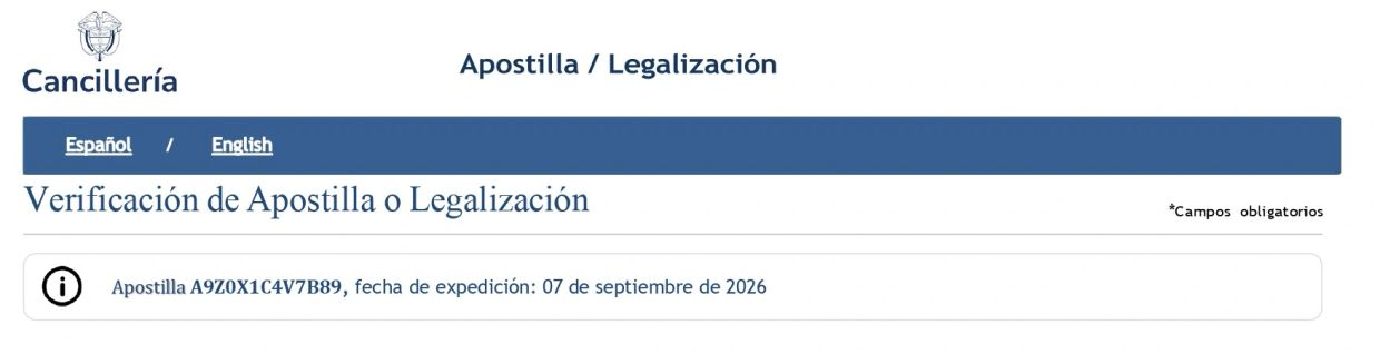 Apostille verification screen with expiration date in Spanish.