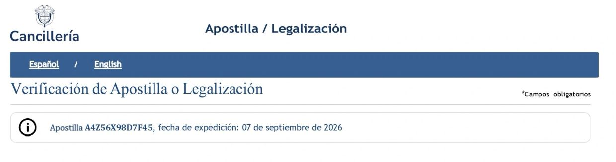 Verification page of Apostille or Legalization with ID A4Z56X98D7F45.