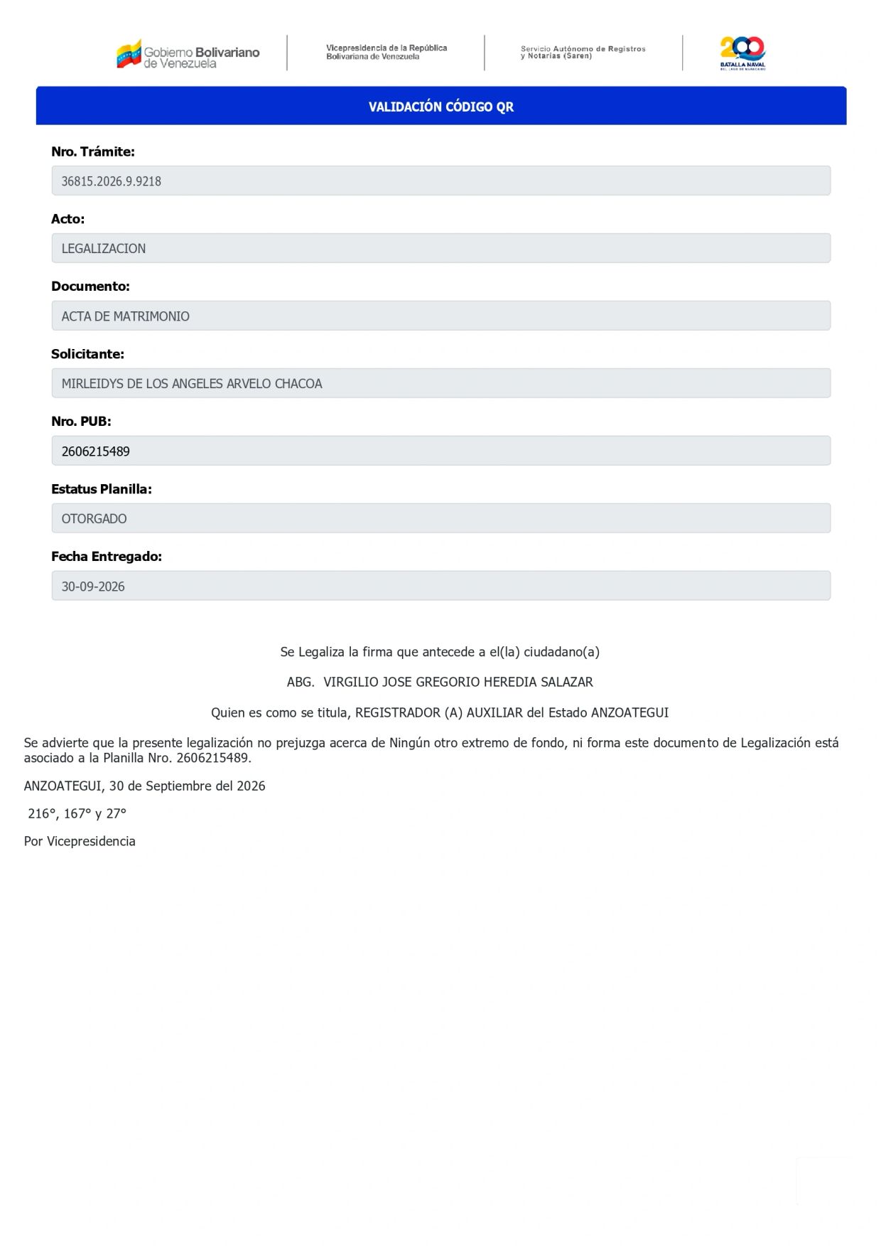 Legalization document for marriage certificate in Venezuela.