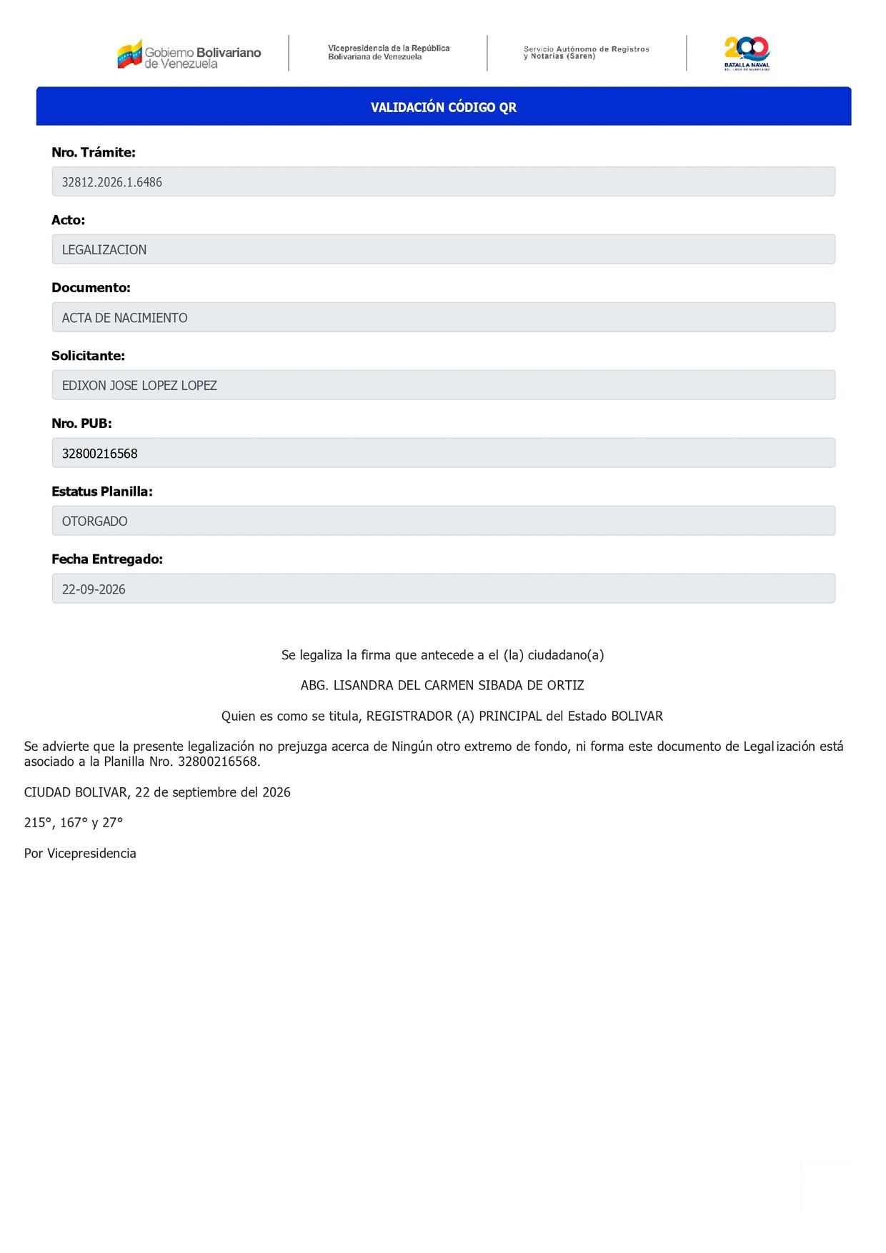 Official Venezuelan document validation for birth certificate legalization.