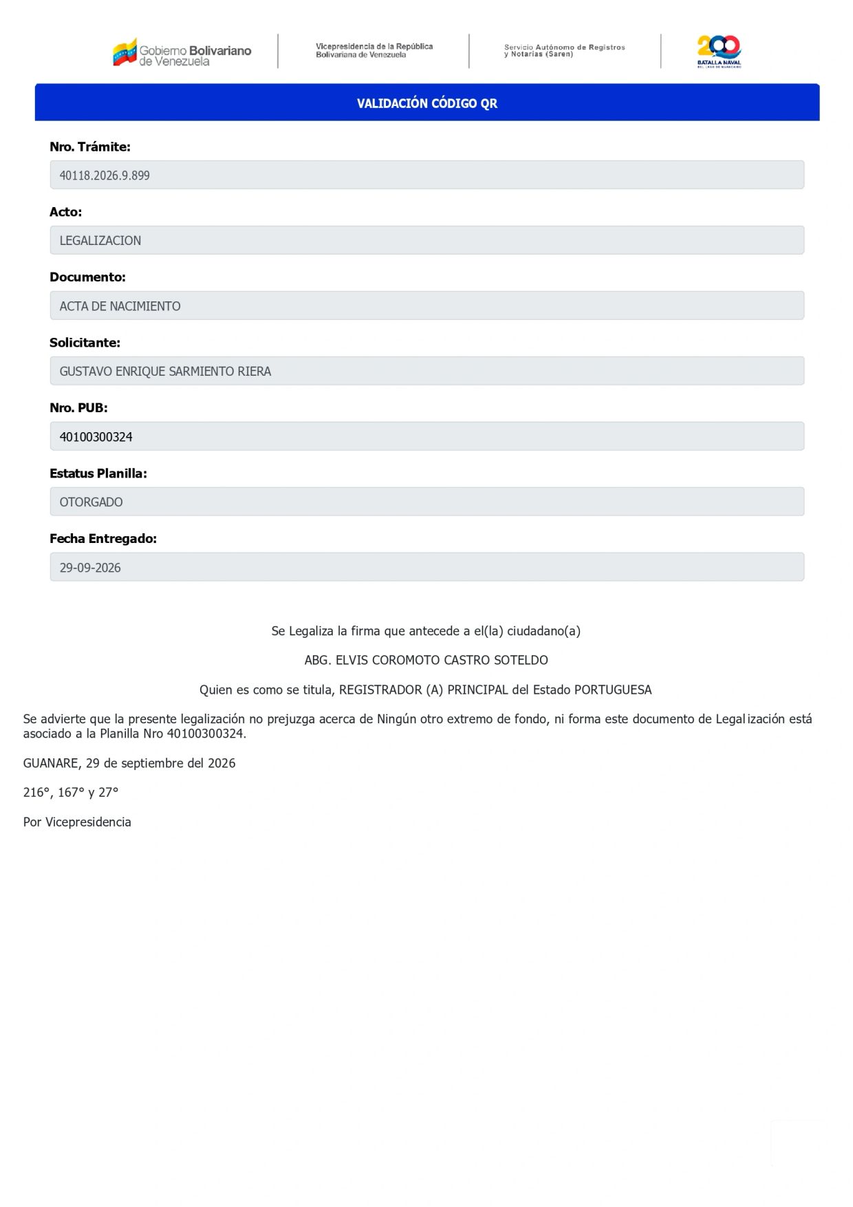 Official Venezuelan document validation for a birth certificate legalization.