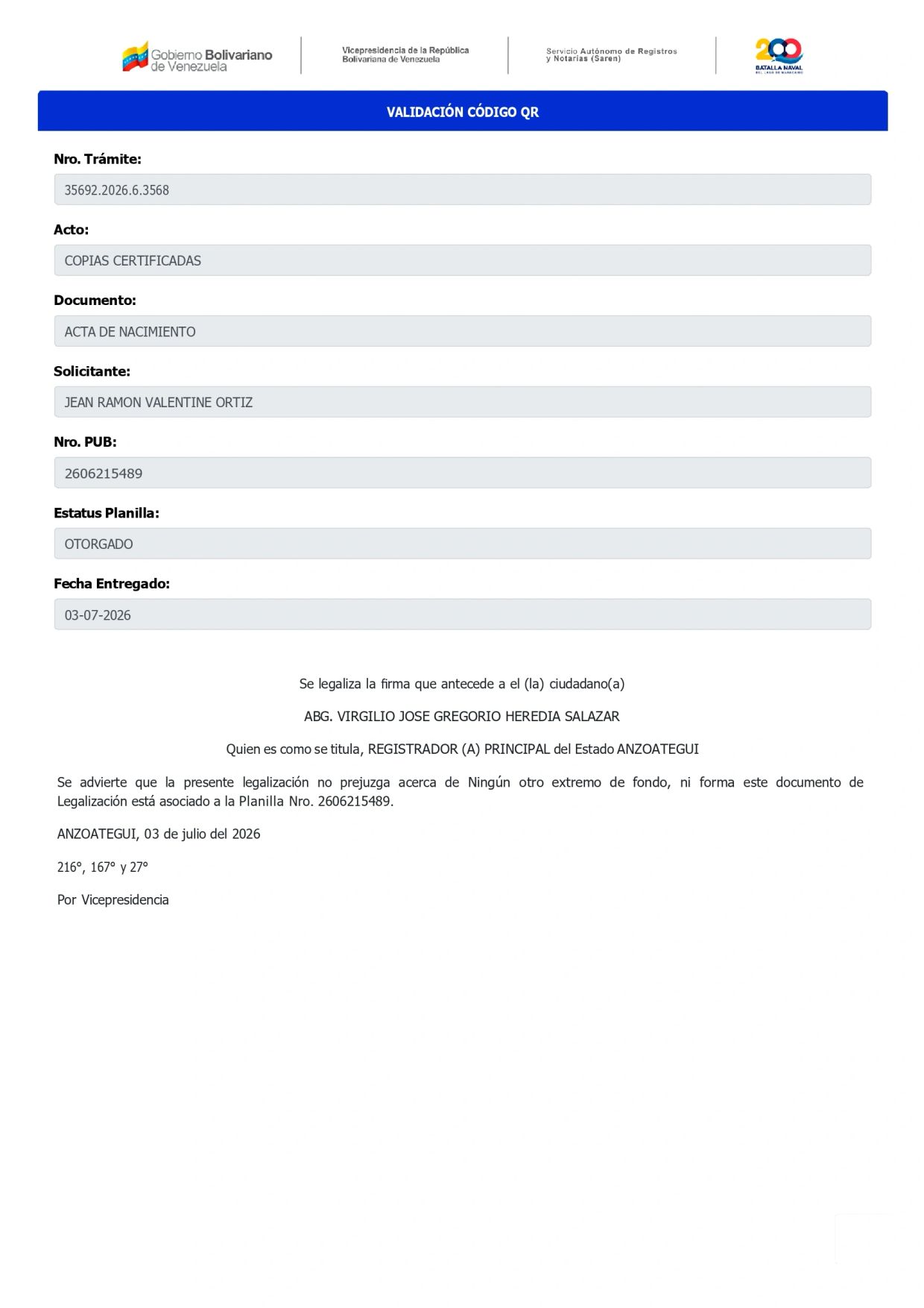 Venezuelan government document validating a QR code for certified copies of birth certificates.