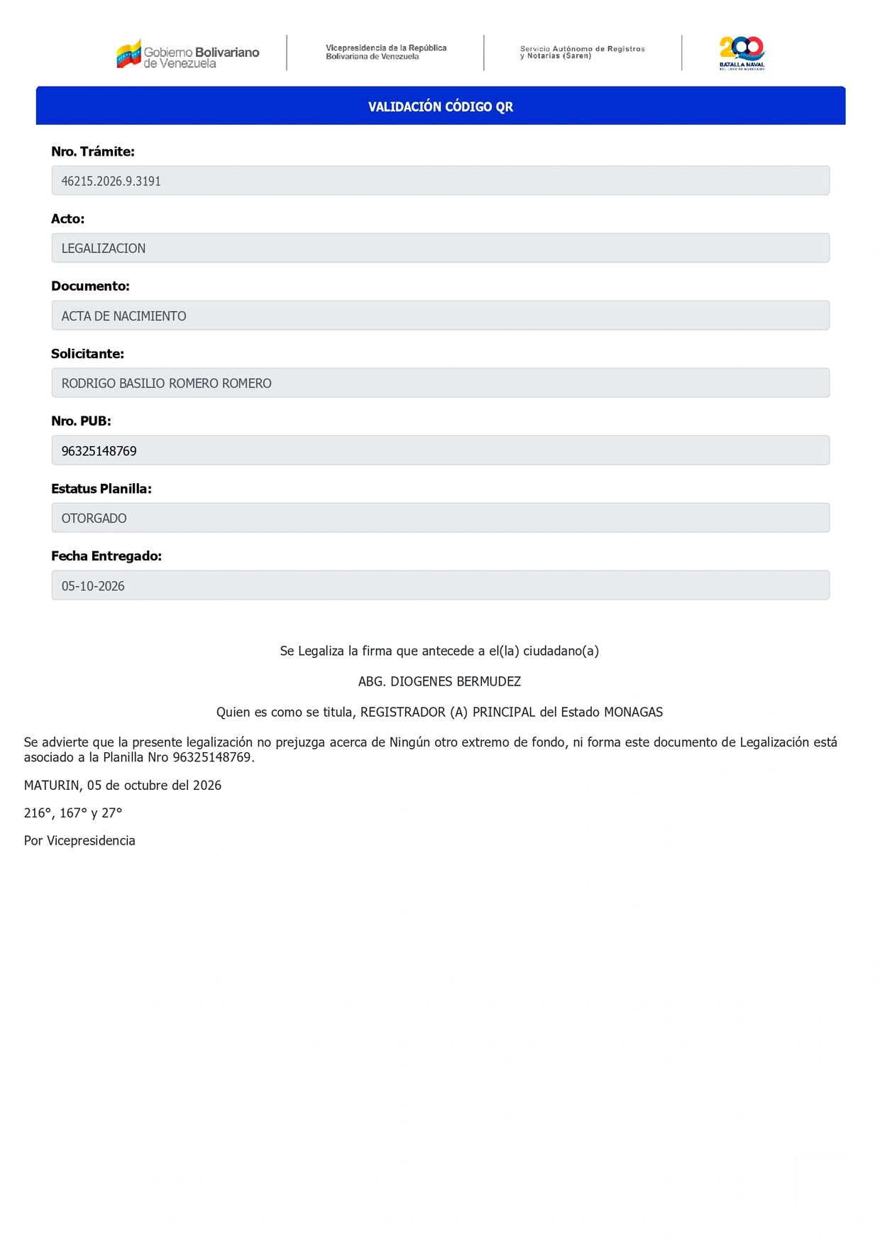 Document validation from Venezuelan government for birth certificate legalization.
