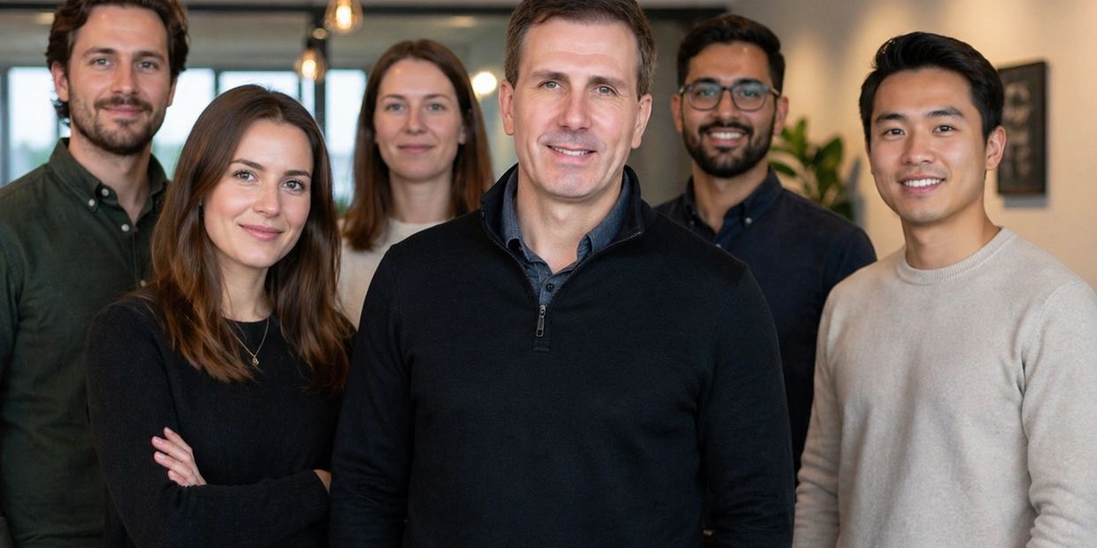 A group of six diverse professionals smiling confidently at the camera indoors.