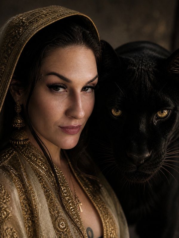 A woman in gold attire poses confidently beside a black panther.