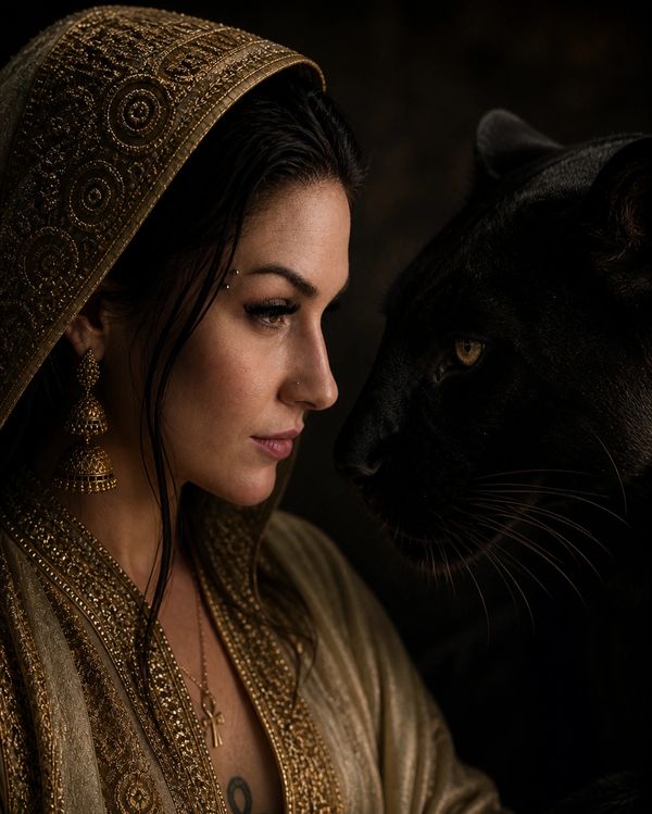 A woman in golden attire faces a black panther in a dramatic, intimate moment.