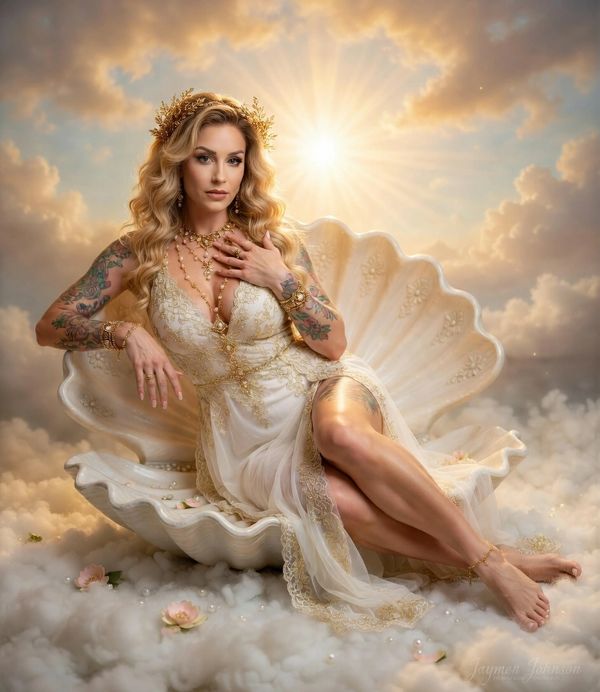 Woman in elegant dress reclining on a giant shell with a radiant sky background.