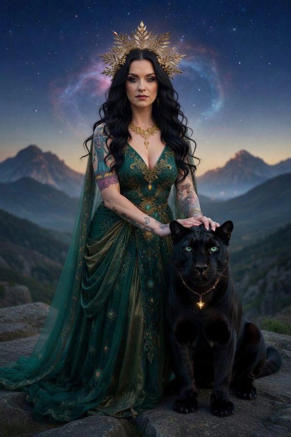 A regal woman with a golden crown and dark green gown stands beside a black panther on a mountain.