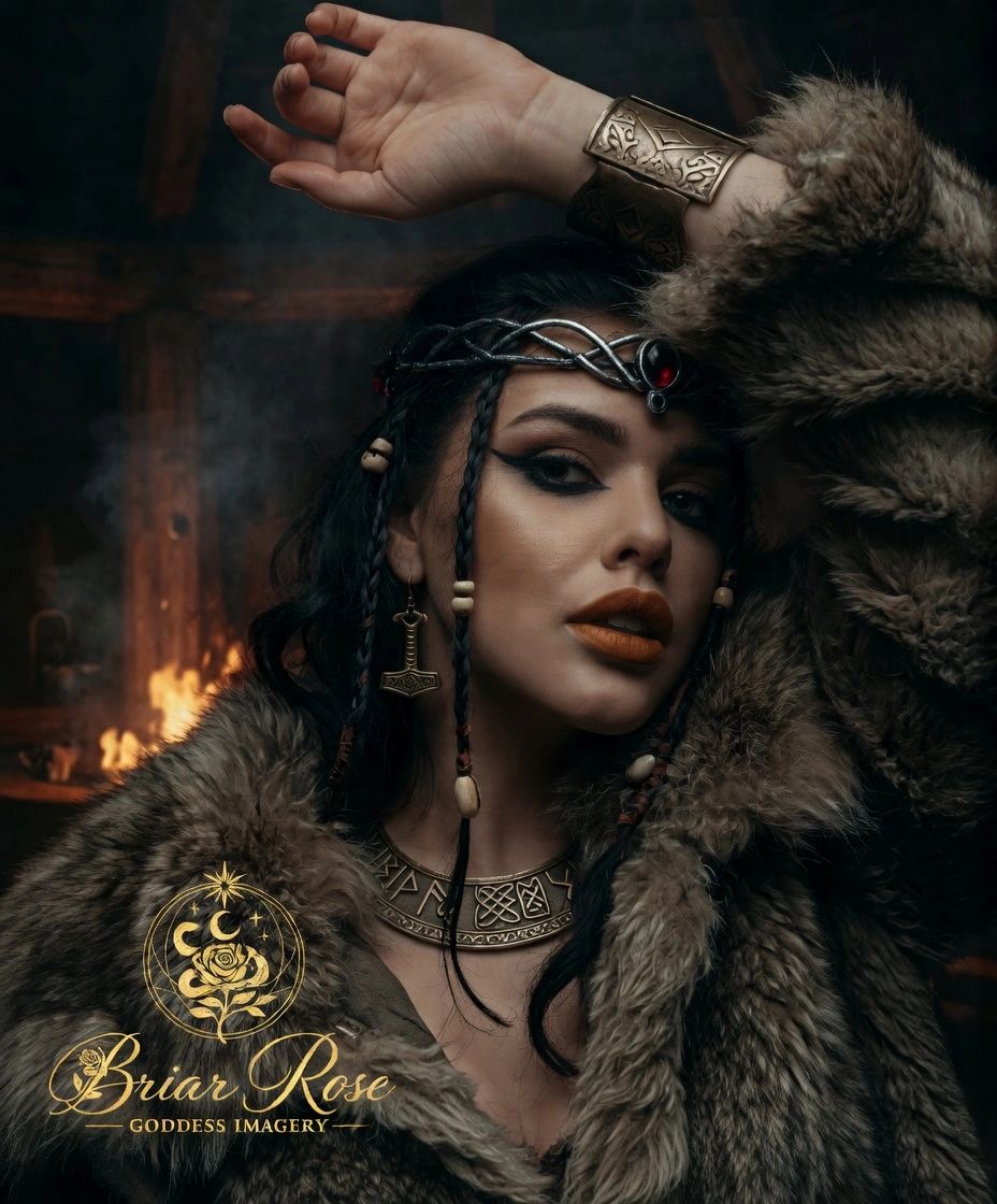 Woman in fur coat with Viking-inspired jewelry and dramatic makeup.