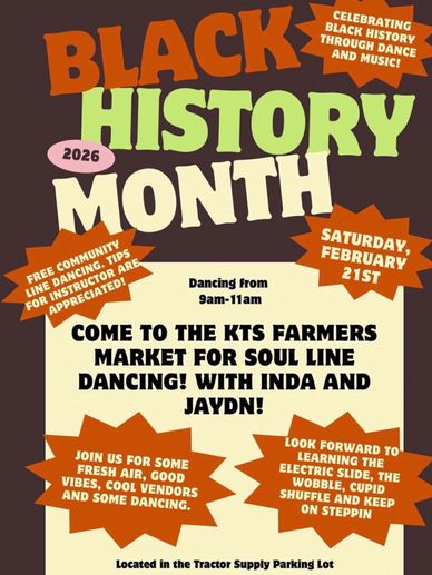 Flyer for Black History Month Soul Line Dance event at KTS Farmers Market on Feb 21, 2026.