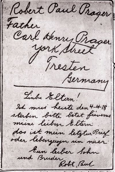 Robert Prager's final note to his family in Germany, written just before his lynching April 5, 1918.