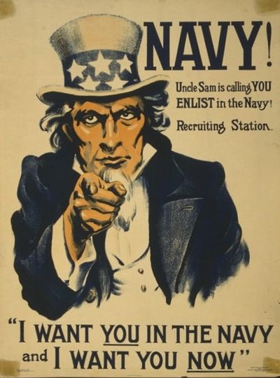 The character Uncle Sam was created for a World War I recruiting poster by James Montgomery Flagg.