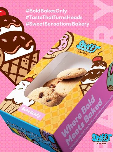 Colorful Sweet Sensations Bakery box with chocolate chip cookies inside.
