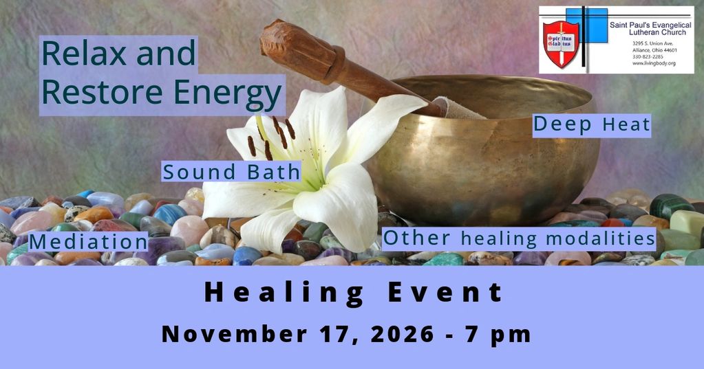 Picture of a sounding bowl with words inviting people to a healing event on November 17, 2026, at 7 