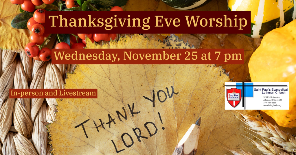 A leaf with the words "Thank You, Lord!" written on it. Text: Thanksgiving Eve Worship, Wednesday, N