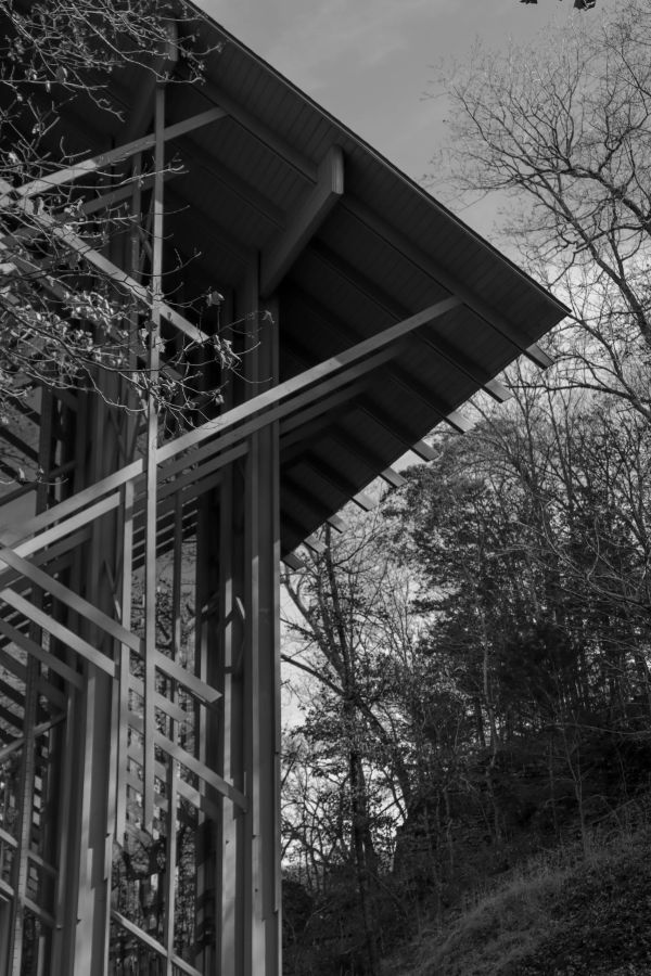 Modern wooden structure with angled roof in a natural setting.