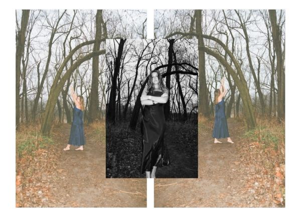 Woman in a dress in a forest with mirrored photo effect.