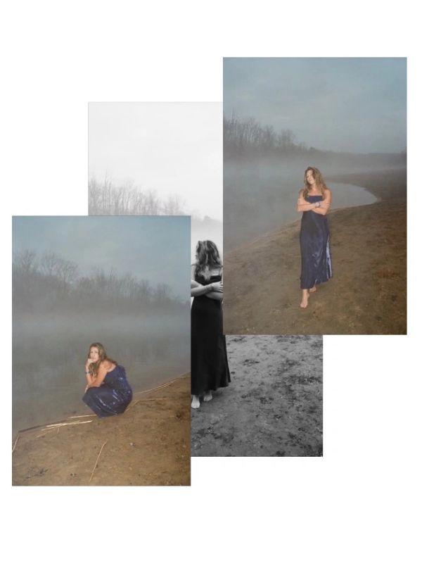 Woman in blue dress by misty lakeside in three poses.