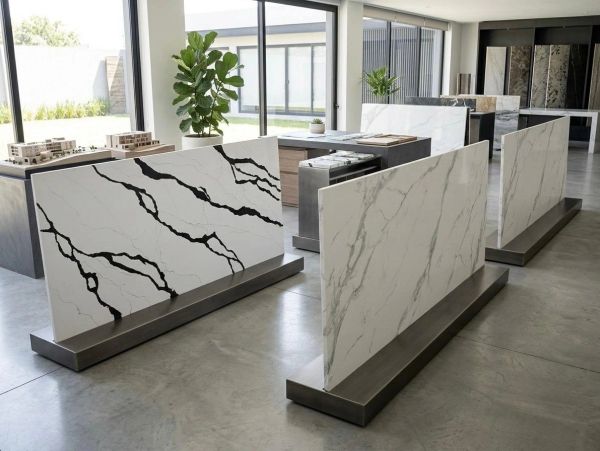 Modern showroom displaying large marble slabs with various veining patterns.