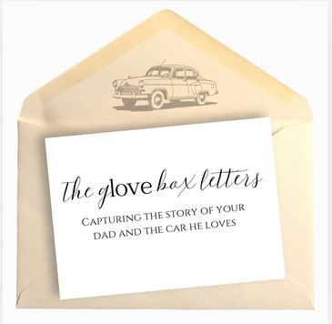 Elegant envelope with a card about capturing stories of dads and their cars.