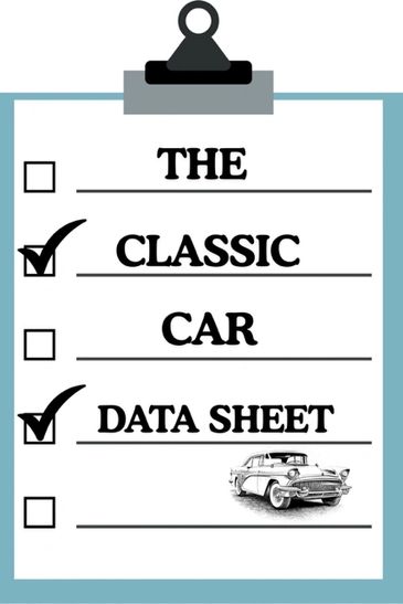 Checklist titled 'The Classic Car Data Sheet' with two items checked and a vintage car illustration.