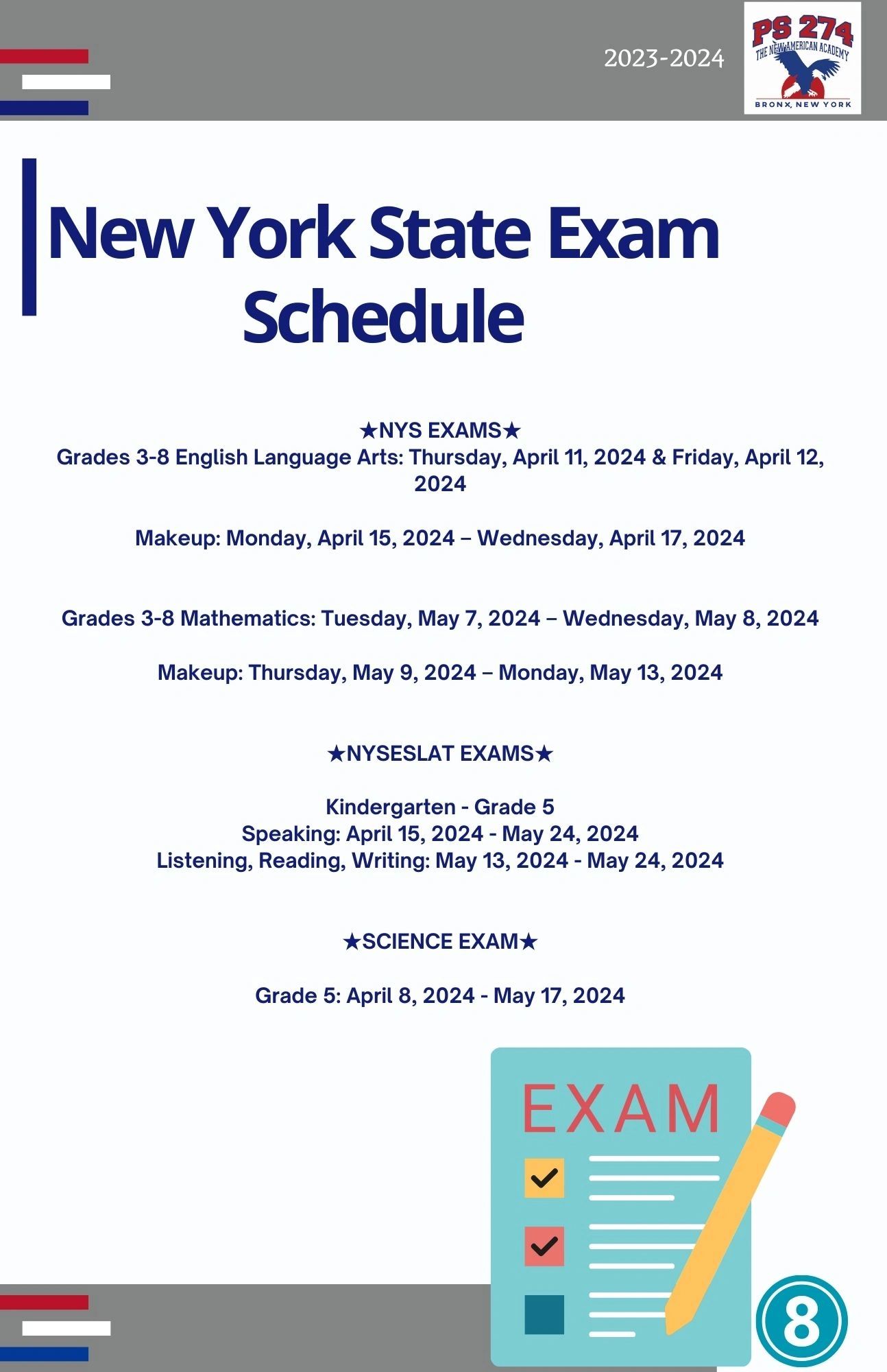 New York State Exam Schedule for 2023-2024 at PS 274, Bronx, NY.