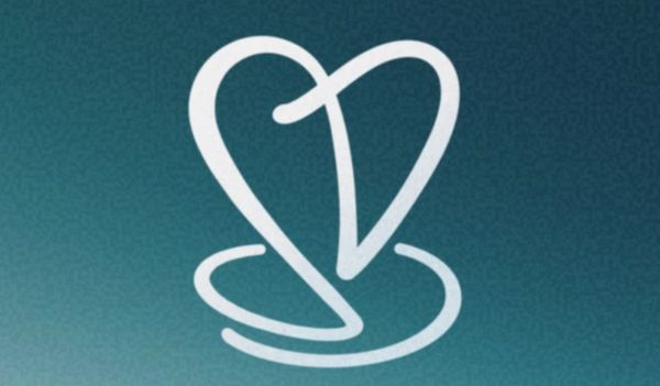 Abstract white heart shape logo on a blue gradient background.