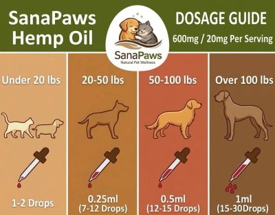 Dosage guide for SanaPaws hemp oil by pet weight.