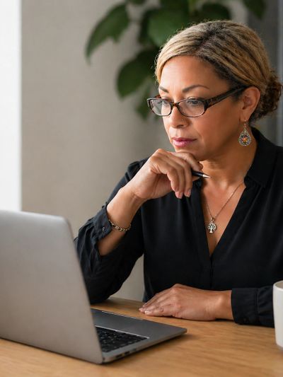 Woman focused on her laptop, holding a pen thoughtfully.
