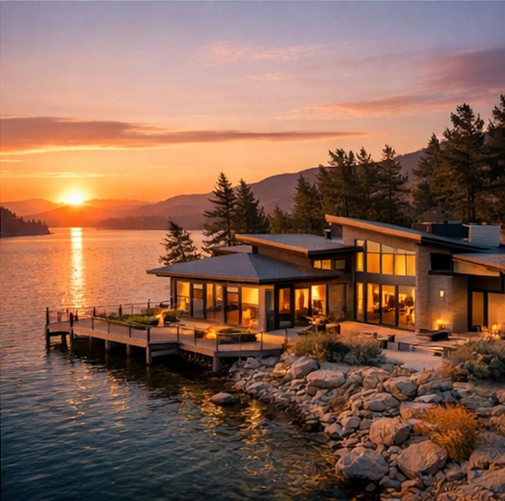 Modern lakeside house glowing warmly at sunset.